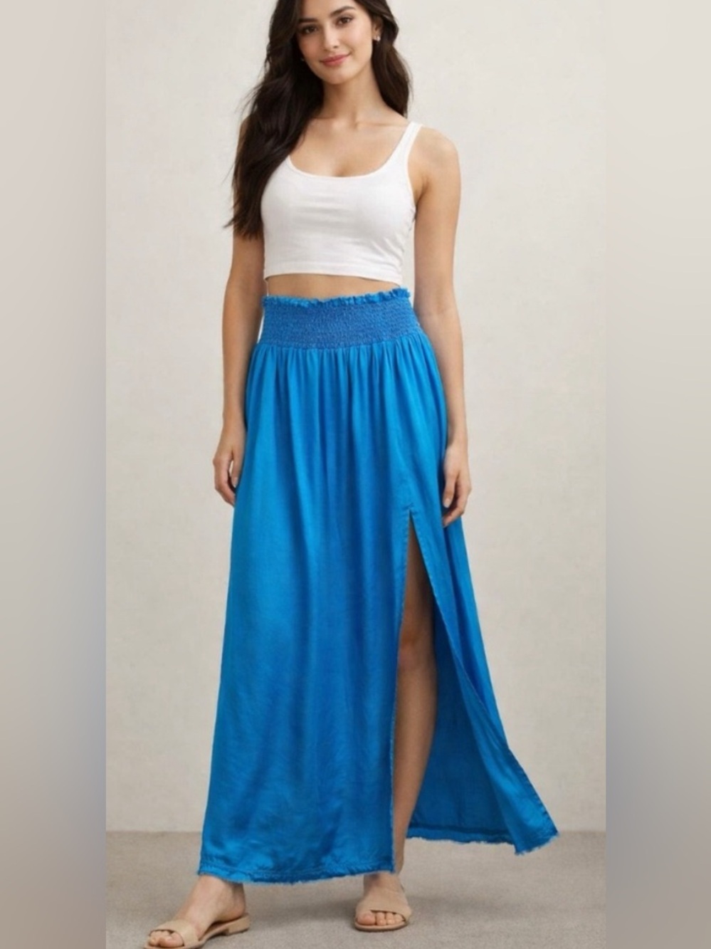 Aerie satin smocked maxi skirt blue size small